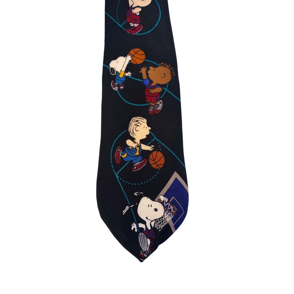 Peanuts Snoopy Basketball Necktie 1990s‎ Black 100% Silk Vintage Comic Novelty